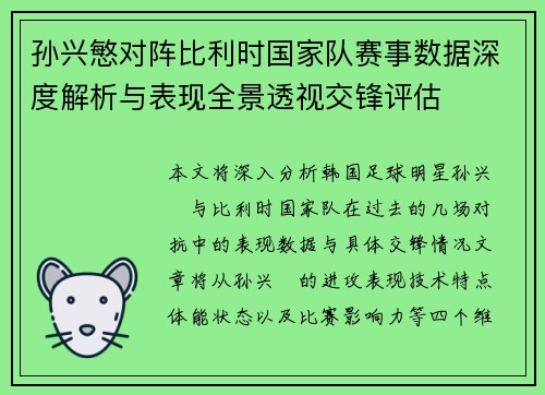 孙兴慜对阵比利时国家队赛事数据深度解析与表现全景透视交锋评估
